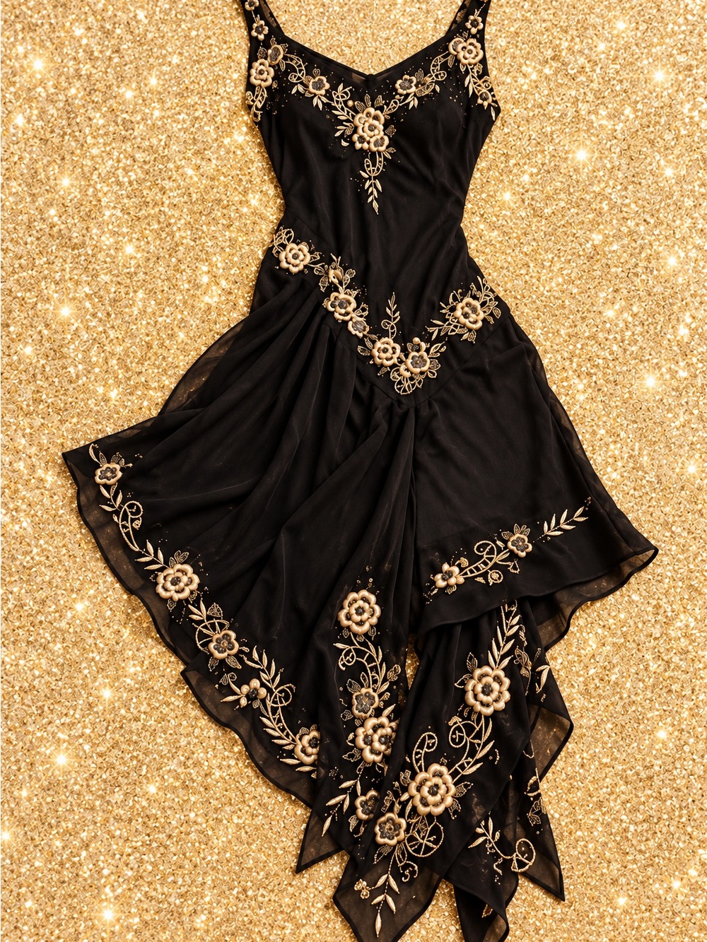Fairycore Grail Black Asymmetrical Hand-Embroidered Slip Dress